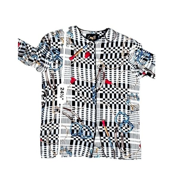 Vintage Corey B. 100% Silk Equestrian Blouse Black/White Checkered Women 8 - Picture 3 of 6